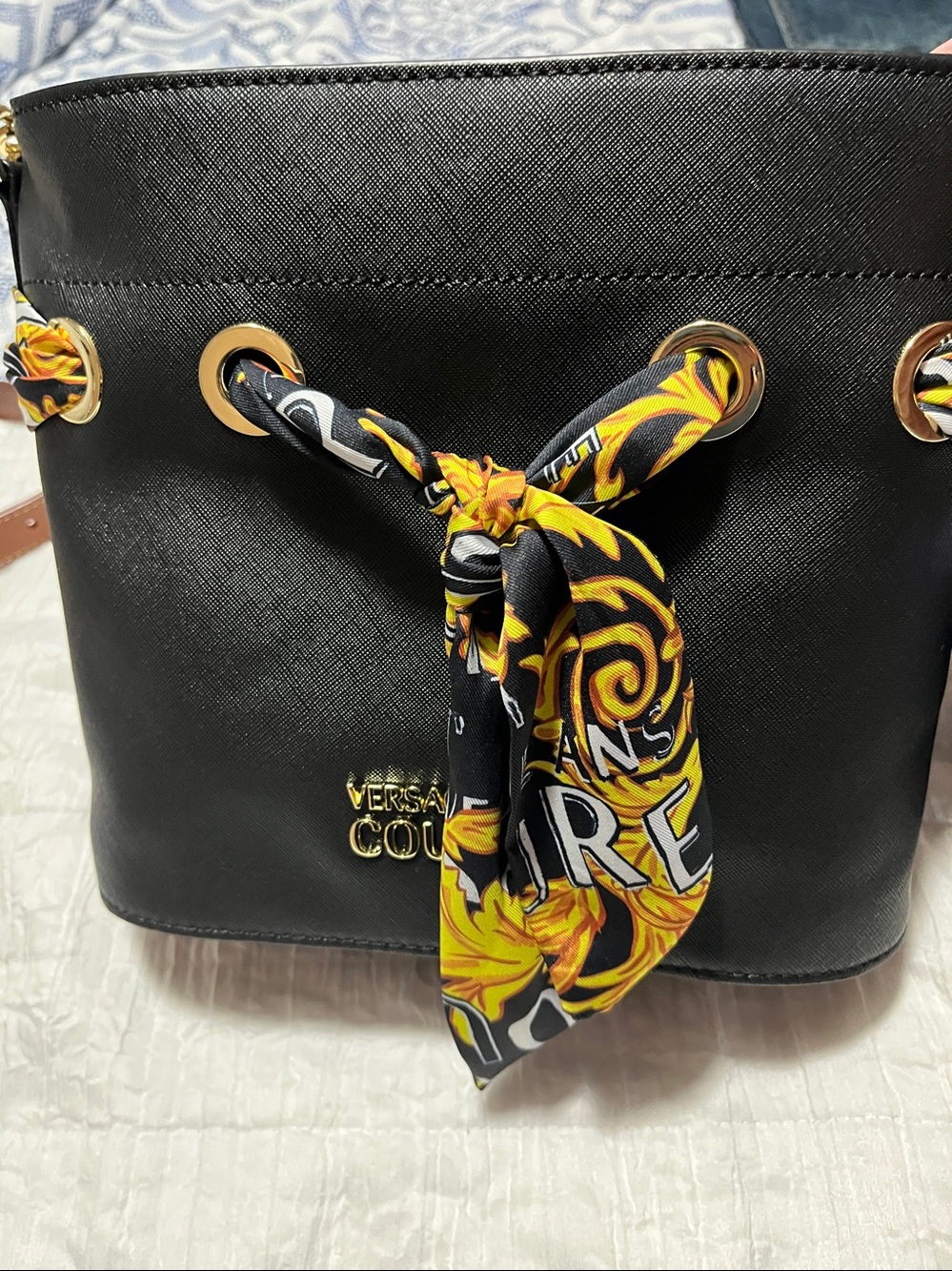 Versace culture Collection Black Bucket Bag with Yellow Accent Scarf
